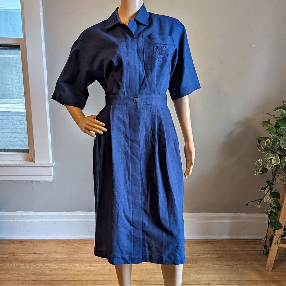 Vintage 80s Allison Smith Navy Blue Midi Dress Nautical Preppy Crest Size 10